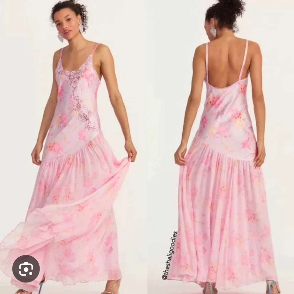 LoveShackFancy Pink Floral Lace-Trim Maxi Dress